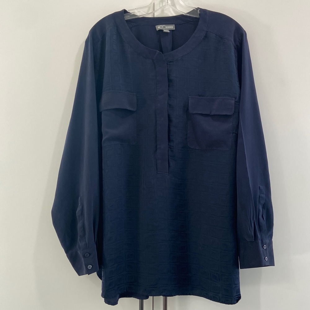 Go Silk 2X Navy Blue 100% Silk Blouse Pockets
